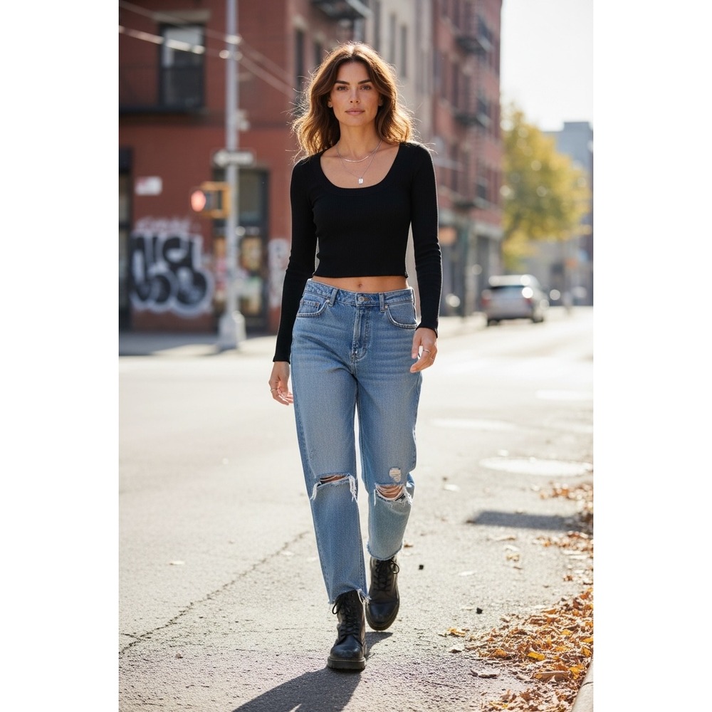 Reformation Jeans Top XS Black Ribbed L/S Scoop Neck Cropped Capsule Minimalist